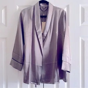 MULBERRY SILK WRAP PAJAMA TOP LONG SLEEVE BED JACKET Pewter Gray XL