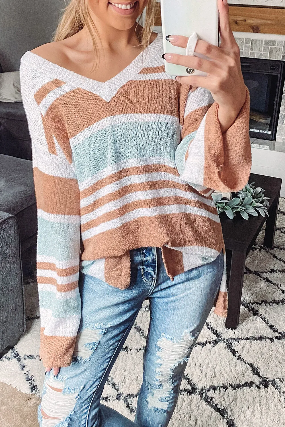 Multicolor Colorblock Stripe Long Sleeve Split Sweater