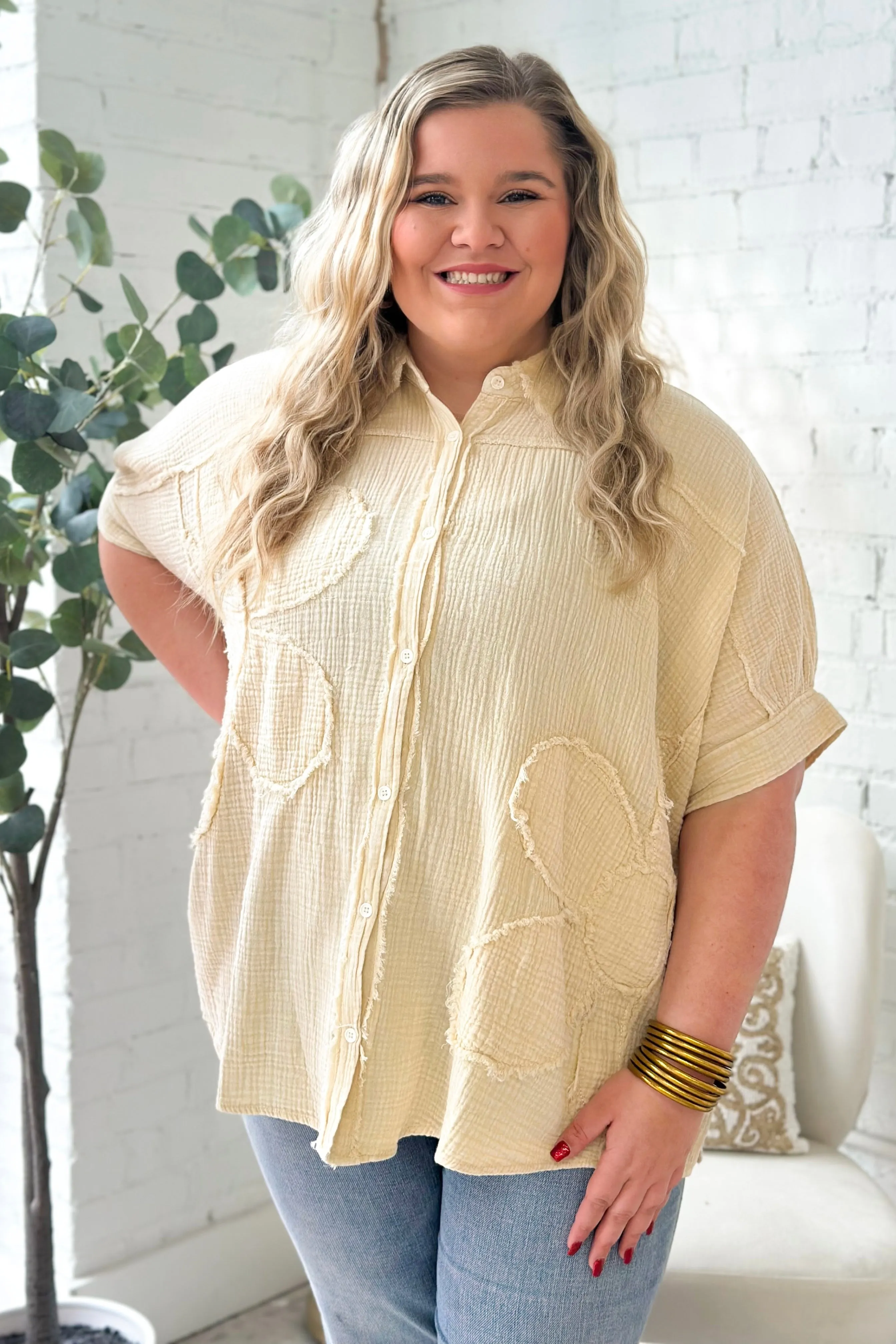 Natural Dolman Sleeve Flower Patch Top