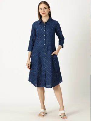 Navy Blue Printed Midi Shirt Dress
