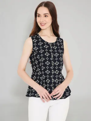 Navy Blue Rayon Bandhani Printed A-line Panelled Top