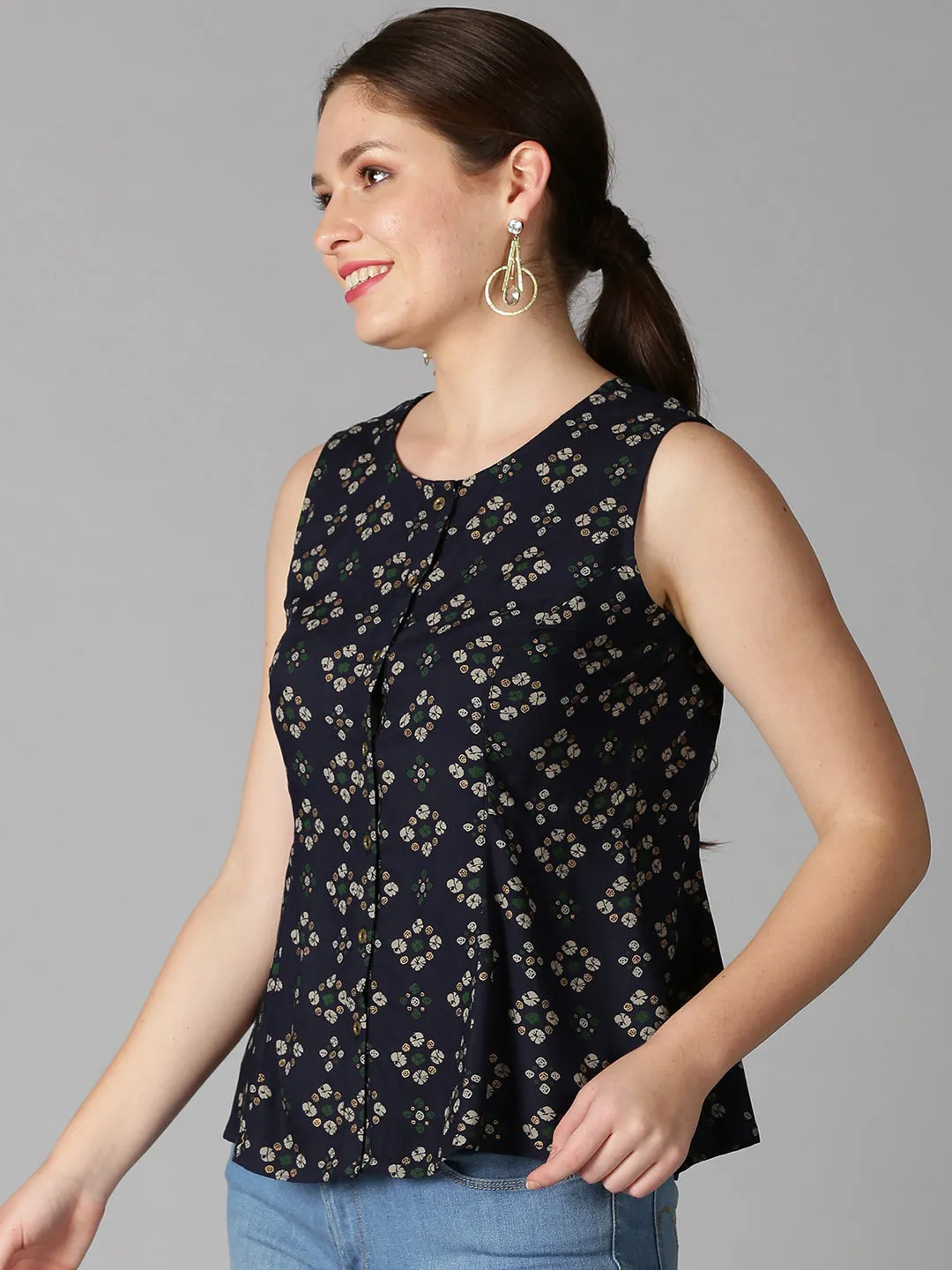 Navy Blue Rayon Bandhani Printed A-line Panelled Top