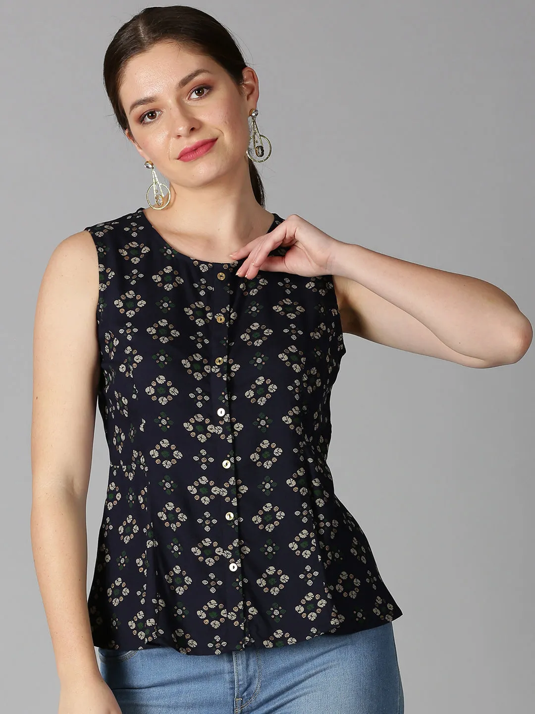 Navy Blue Rayon Bandhani Printed A-line Panelled Top