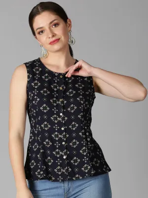 Navy Blue Rayon Bandhani Printed A-line Panelled Top