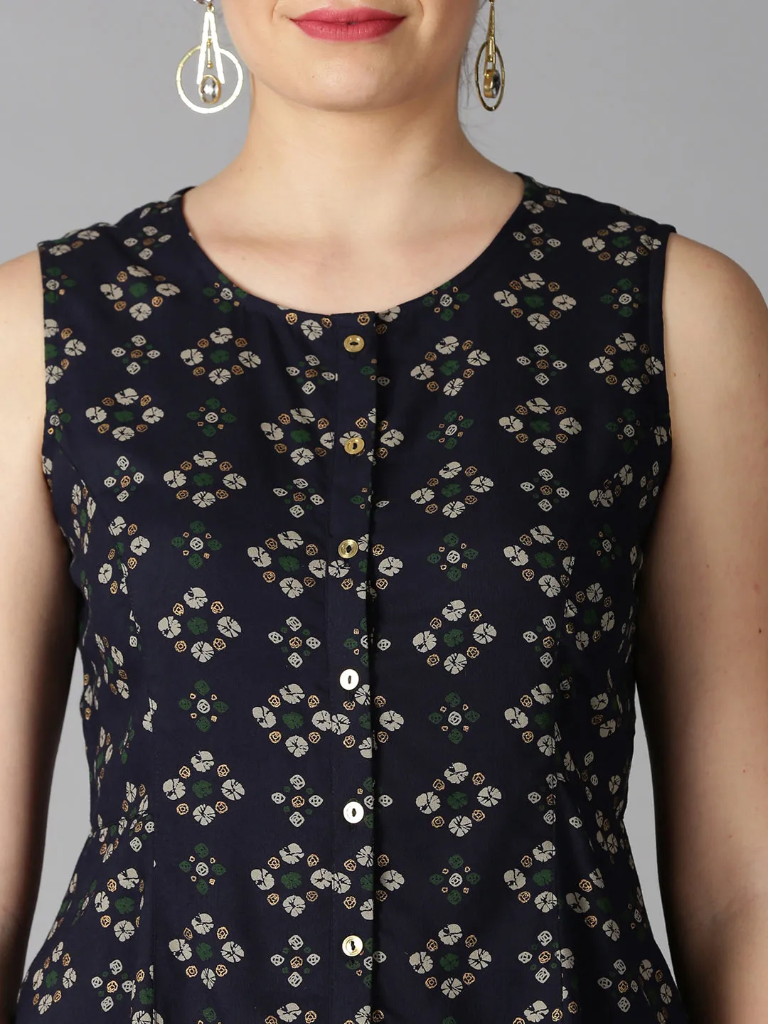 Navy Blue Rayon Bandhani Printed A-line Panelled Top