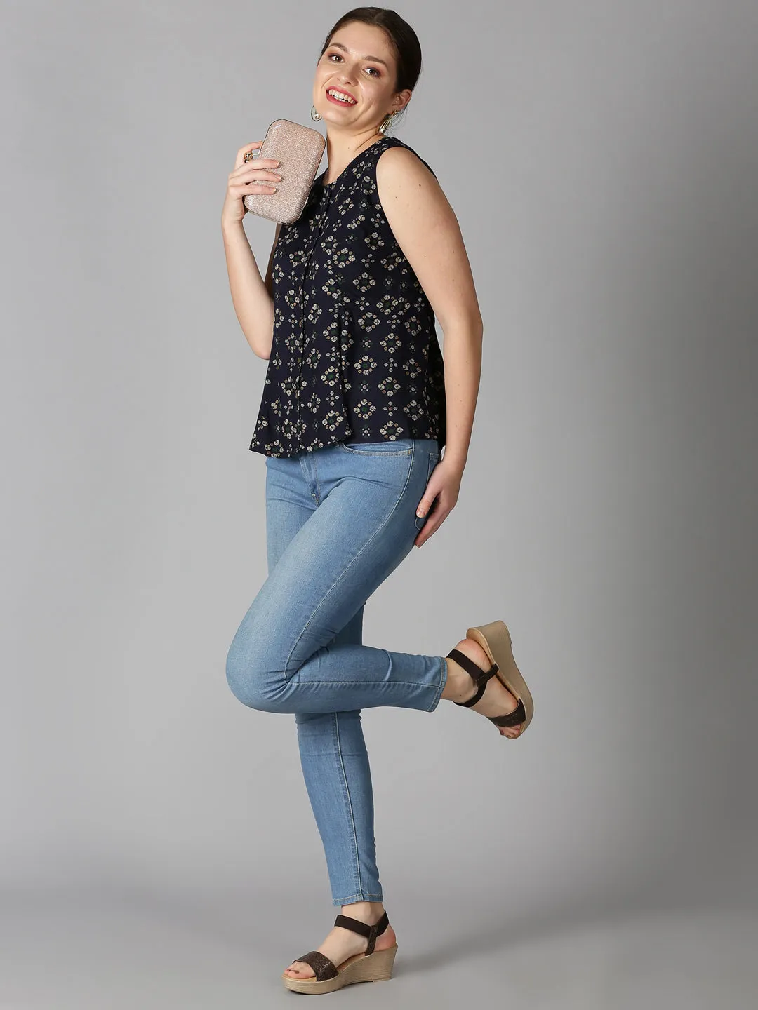 Navy Blue Rayon Bandhani Printed A-line Panelled Top