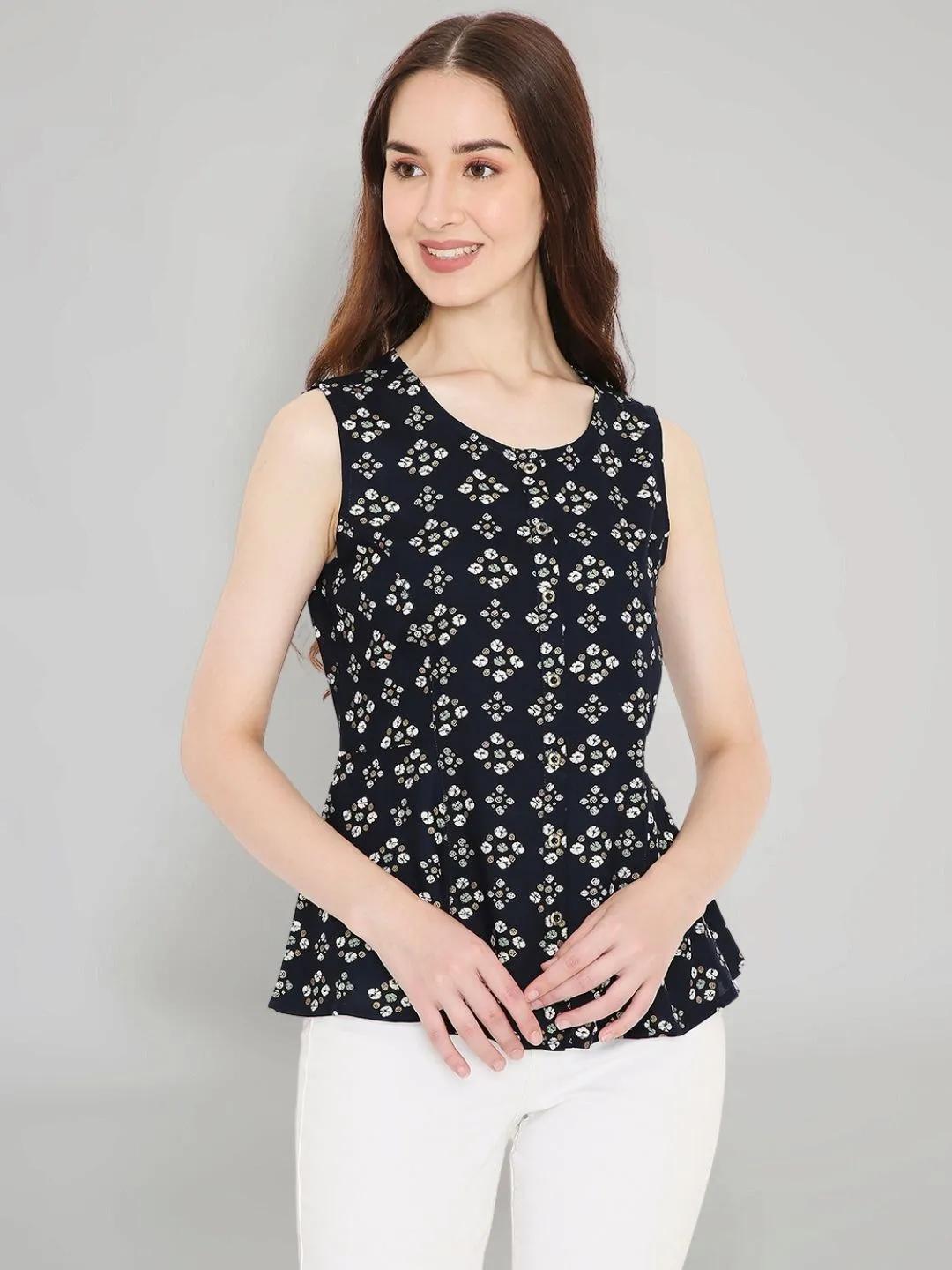 Navy Blue Rayon Bandhani Printed A-line Panelled Top