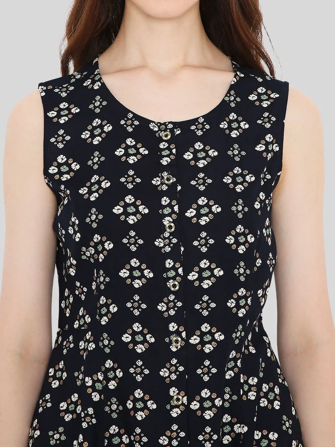 Navy Blue Rayon Bandhani Printed A-line Panelled Top