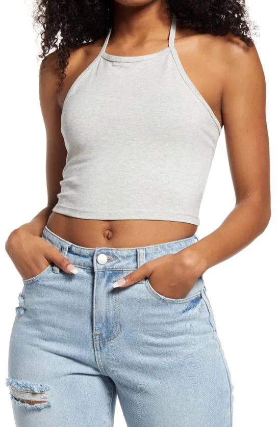 New Nordstrom BP Womens Halter Crop top pull over style with tie at neck! Grey, Sz L!
