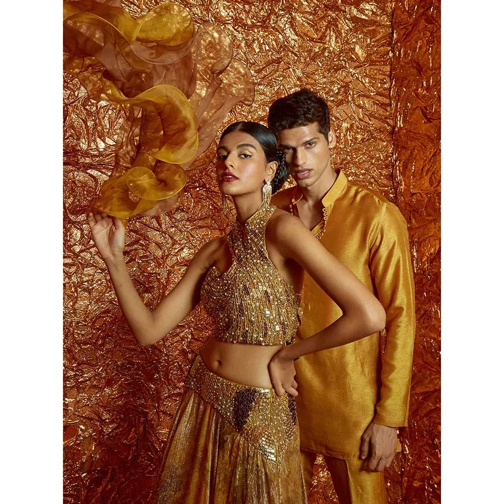Nirmooha Mustard Lurex Lehenga with Embroidered Blouse and Dupatta (Set of 3)