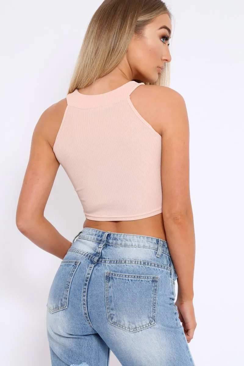 Nude Embroidered Lace Up Crop Top - Loree