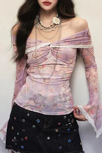 Off-Shoulder Floral Print Ruffled Lace Long-Sleeved Top