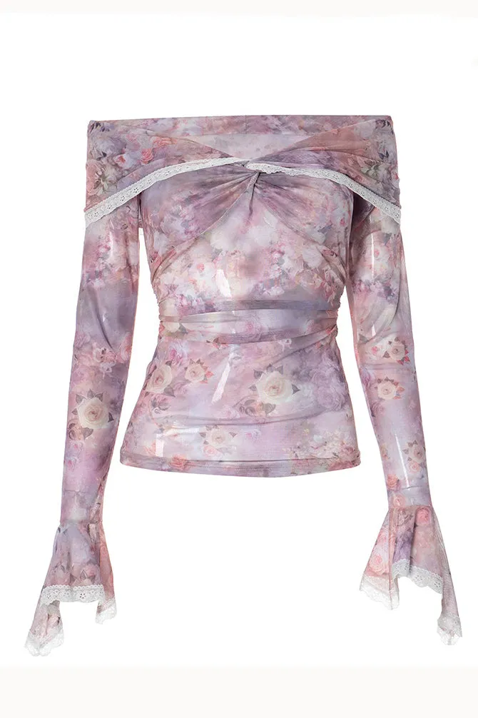 Off-Shoulder Floral Print Ruffled Lace Long-Sleeved Top