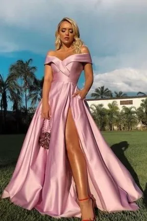 Off-the-shoulder Pink Prom Gowns with High Leg Slit