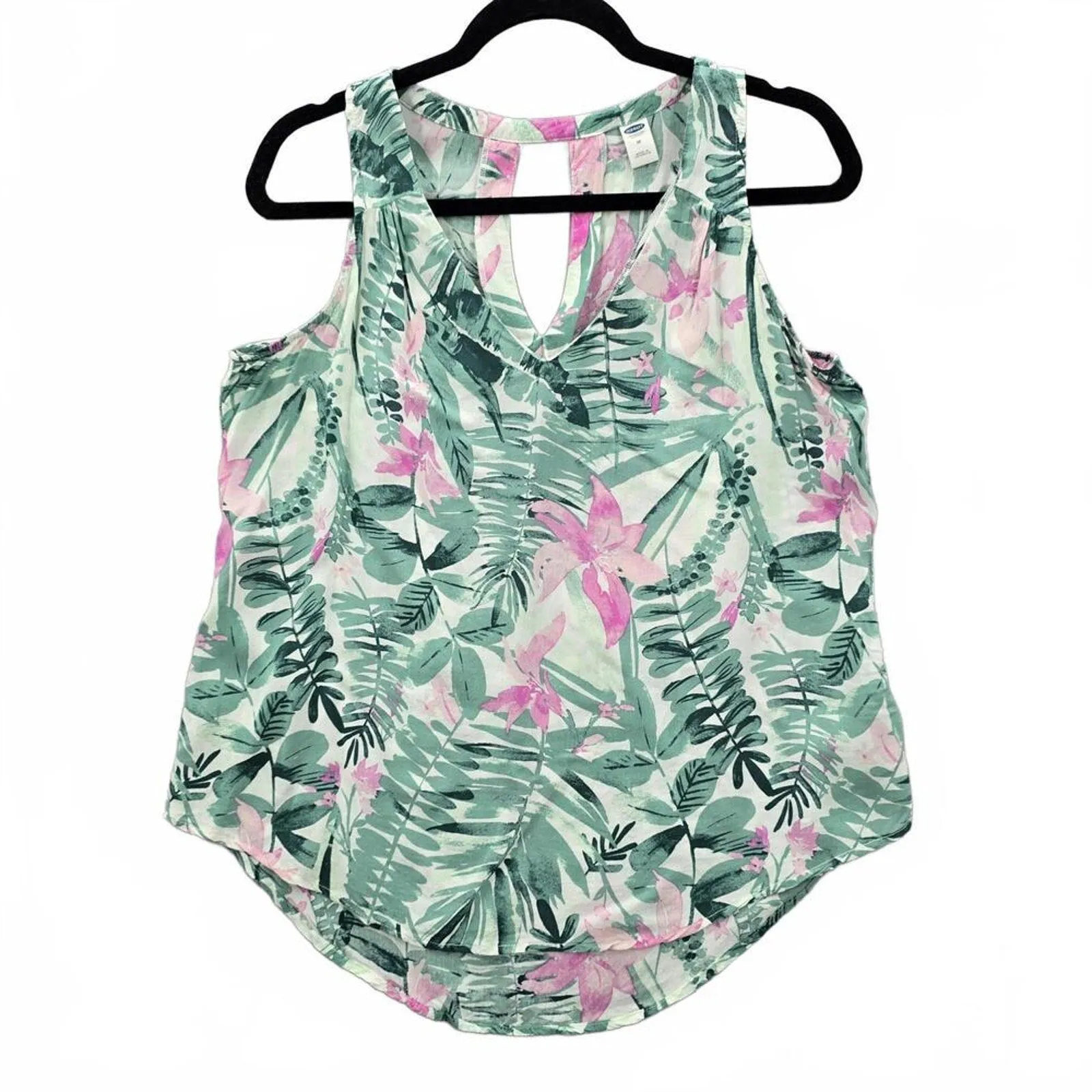 Old Navy Floral Sleeveless Green Pink High Low Tropical Tunic Top Shirt Medium