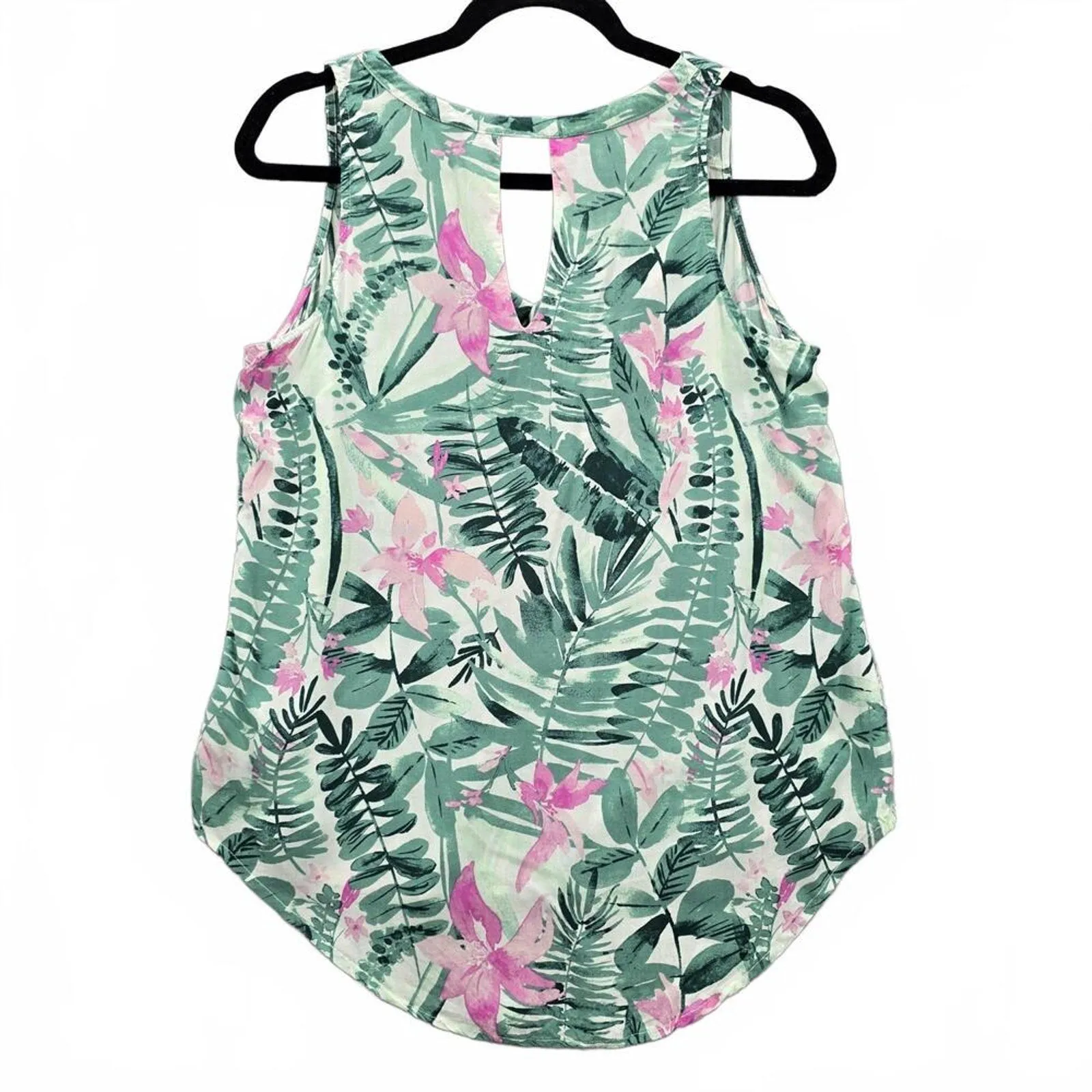 Old Navy Floral Sleeveless Green Pink High Low Tropical Tunic Top Shirt Medium