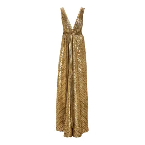 One-Sleeve Plissé Silk-Blend Lamé Wrap Gown