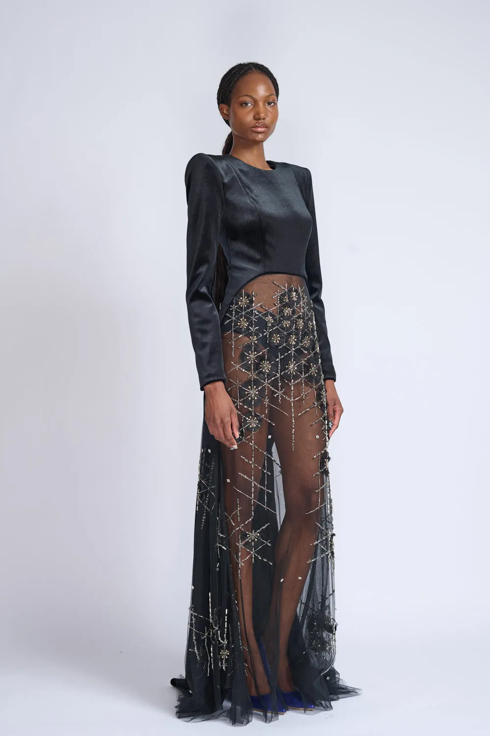 Onyx Velvet and Crystal Lattice Embroidered Tulle Tailcoat Gown