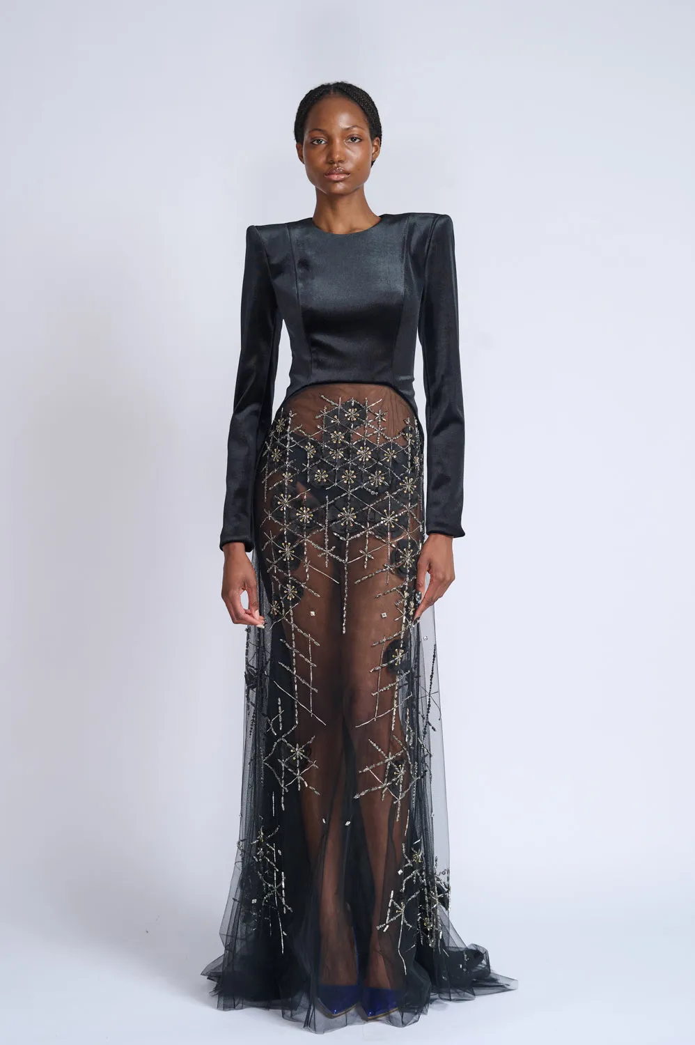 Onyx Velvet and Crystal Lattice Embroidered Tulle Tailcoat Gown
