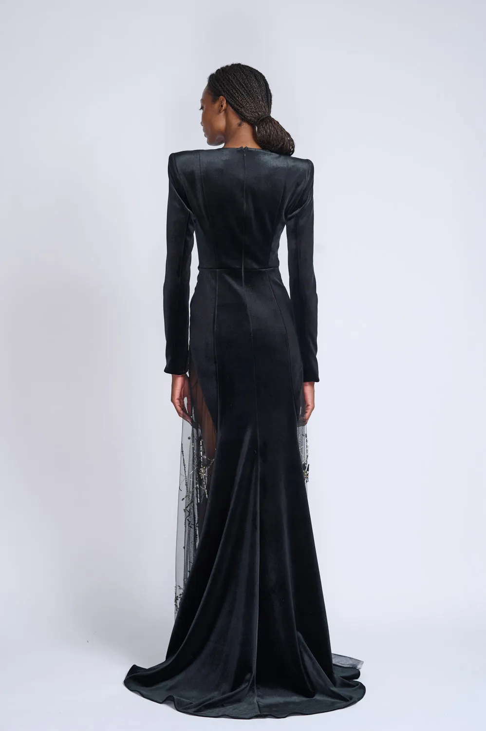 Onyx Velvet and Crystal Lattice Embroidered Tulle Tailcoat Gown