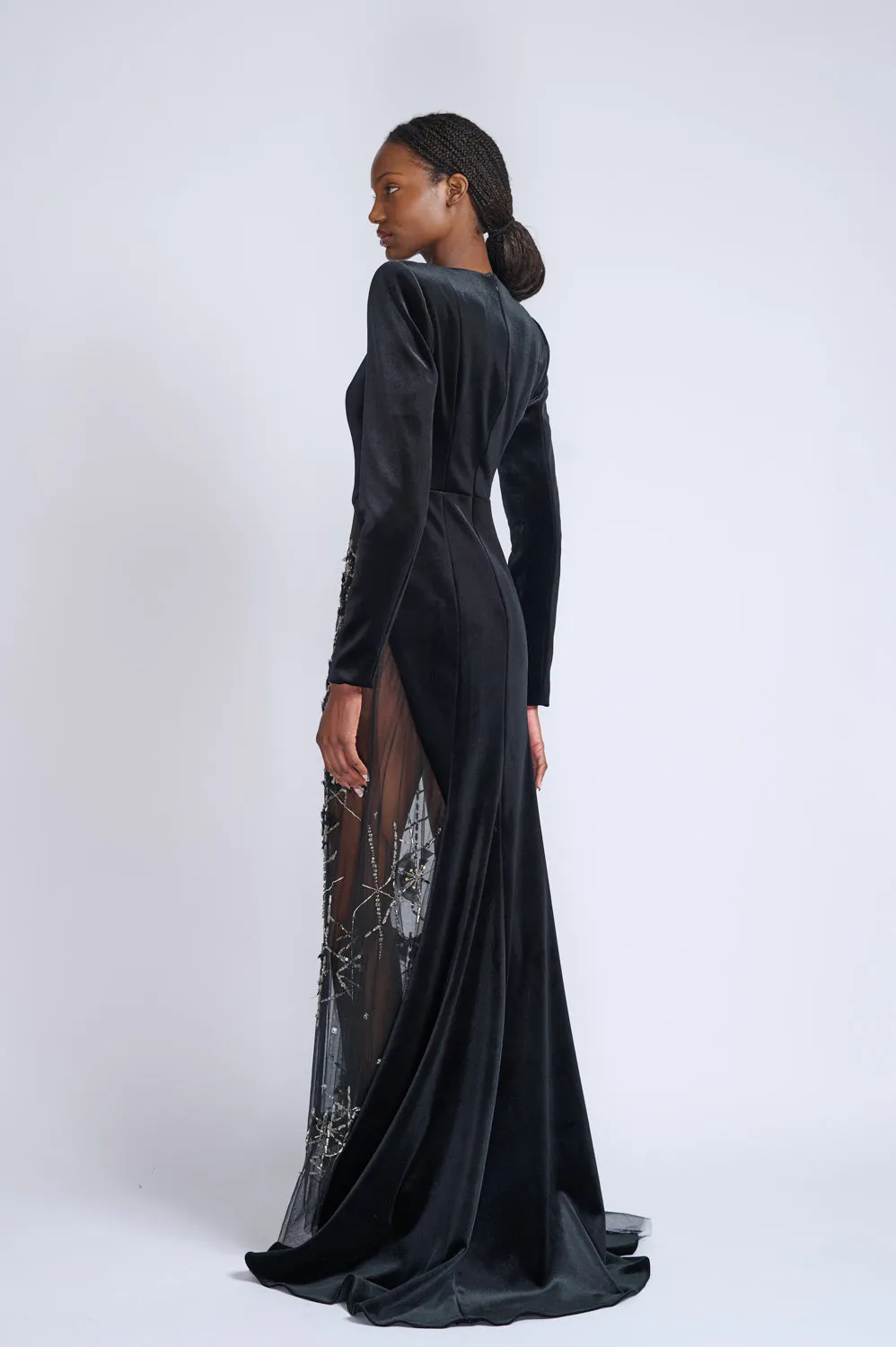 Onyx Velvet and Crystal Lattice Embroidered Tulle Tailcoat Gown