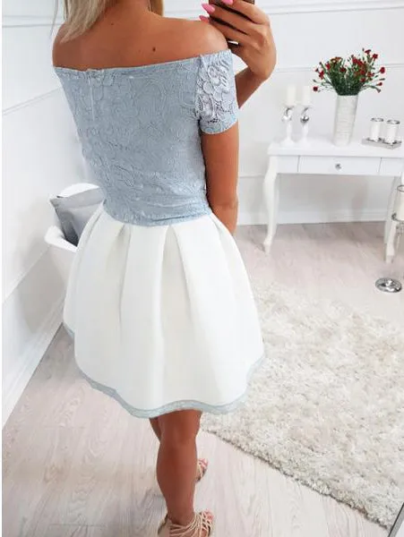 Pale Blue Lace Ivory Satin Off Shoulder Short Sleeve Homecoming Dresses,BD0061