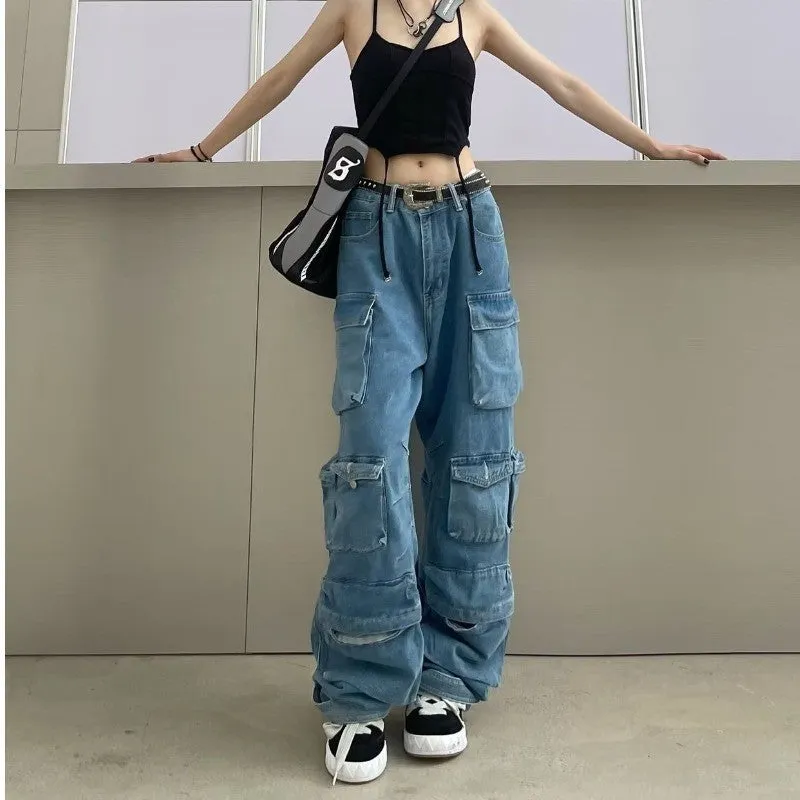 Patchwork multi-pocket cargo wide-leg pants