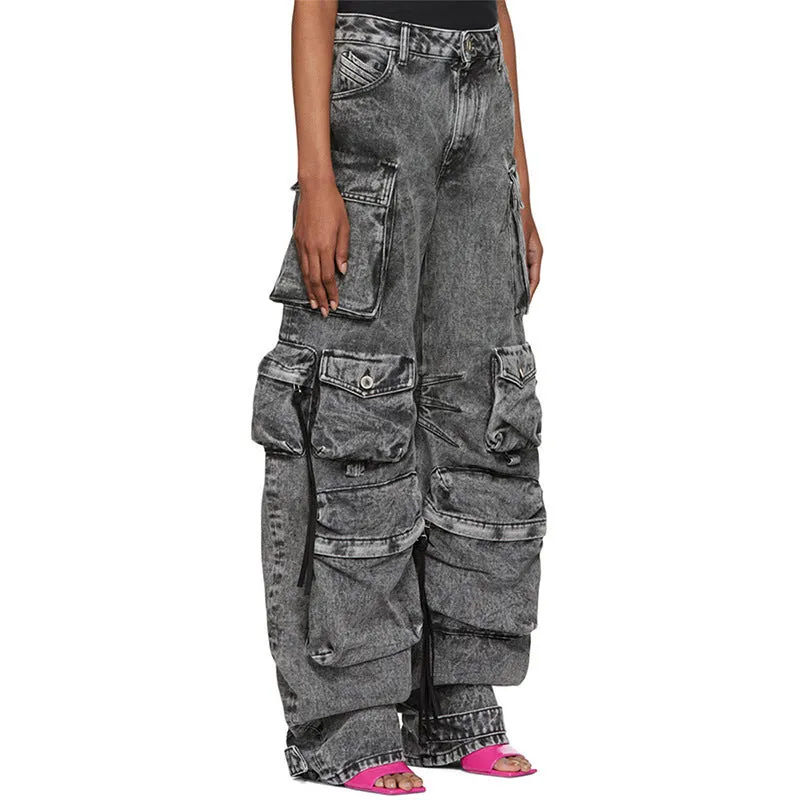 Patchwork multi-pocket cargo wide-leg pants