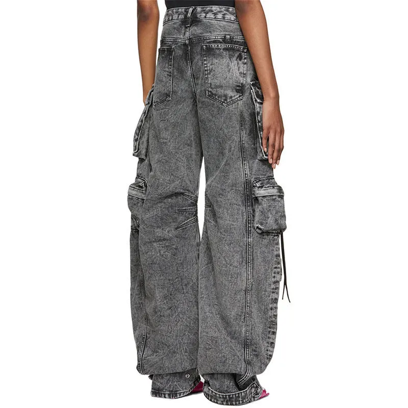 Patchwork multi-pocket cargo wide-leg pants
