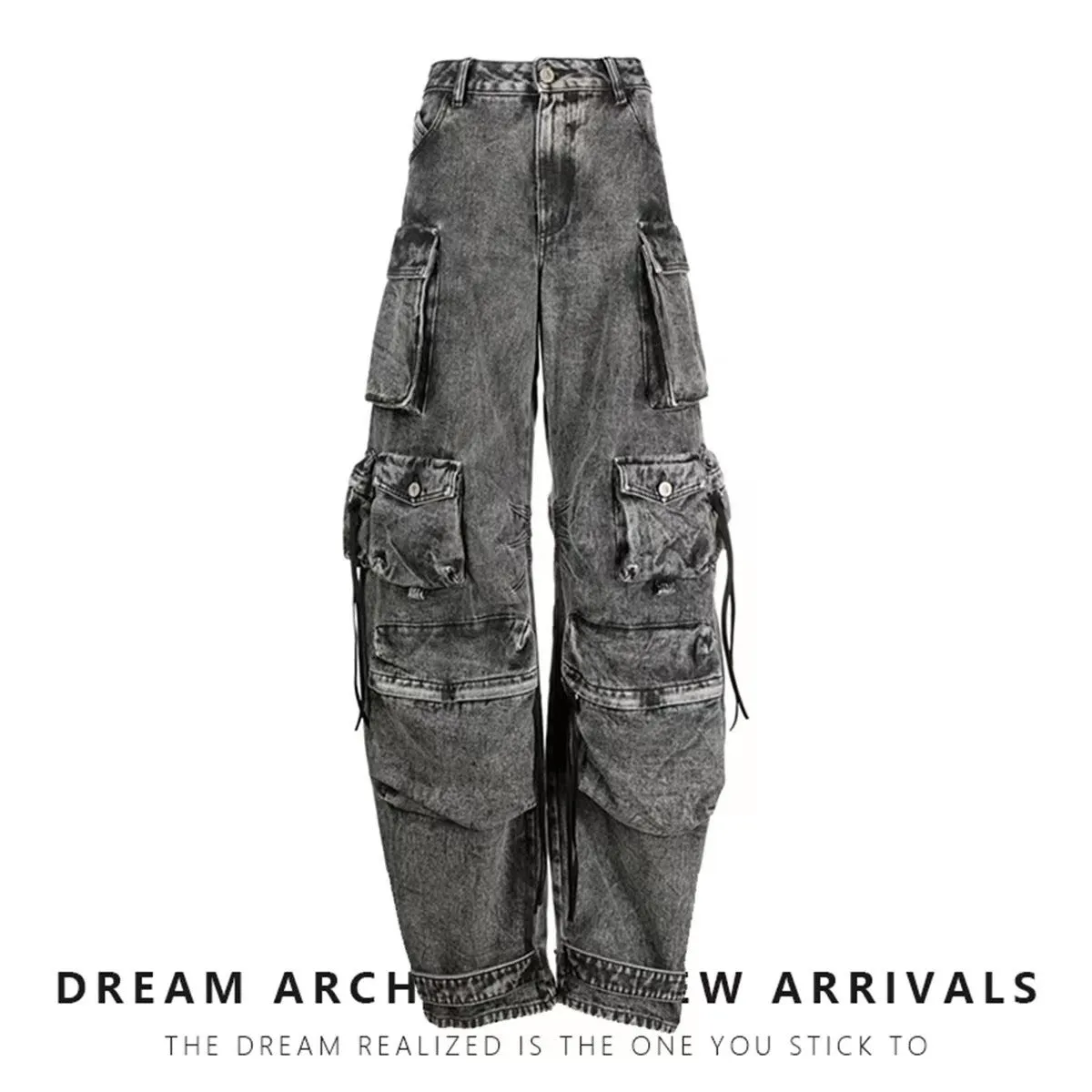 Patchwork multi-pocket cargo wide-leg pants