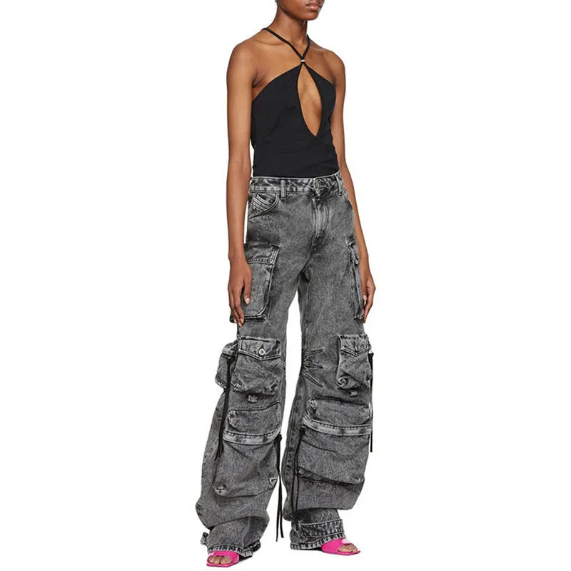 Patchwork multi-pocket cargo wide-leg pants