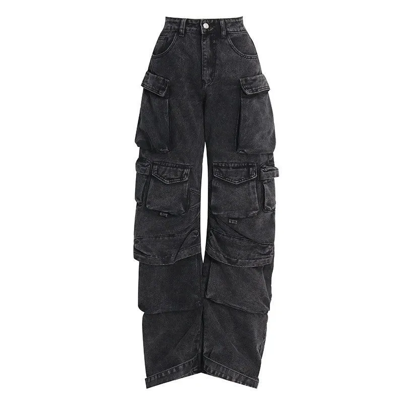 Patchwork multi-pocket cargo wide-leg pants