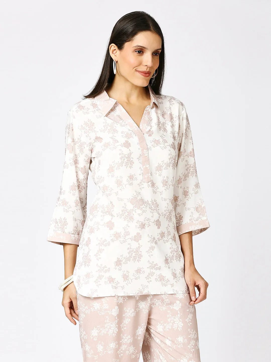 Peach White Floral Printed Top