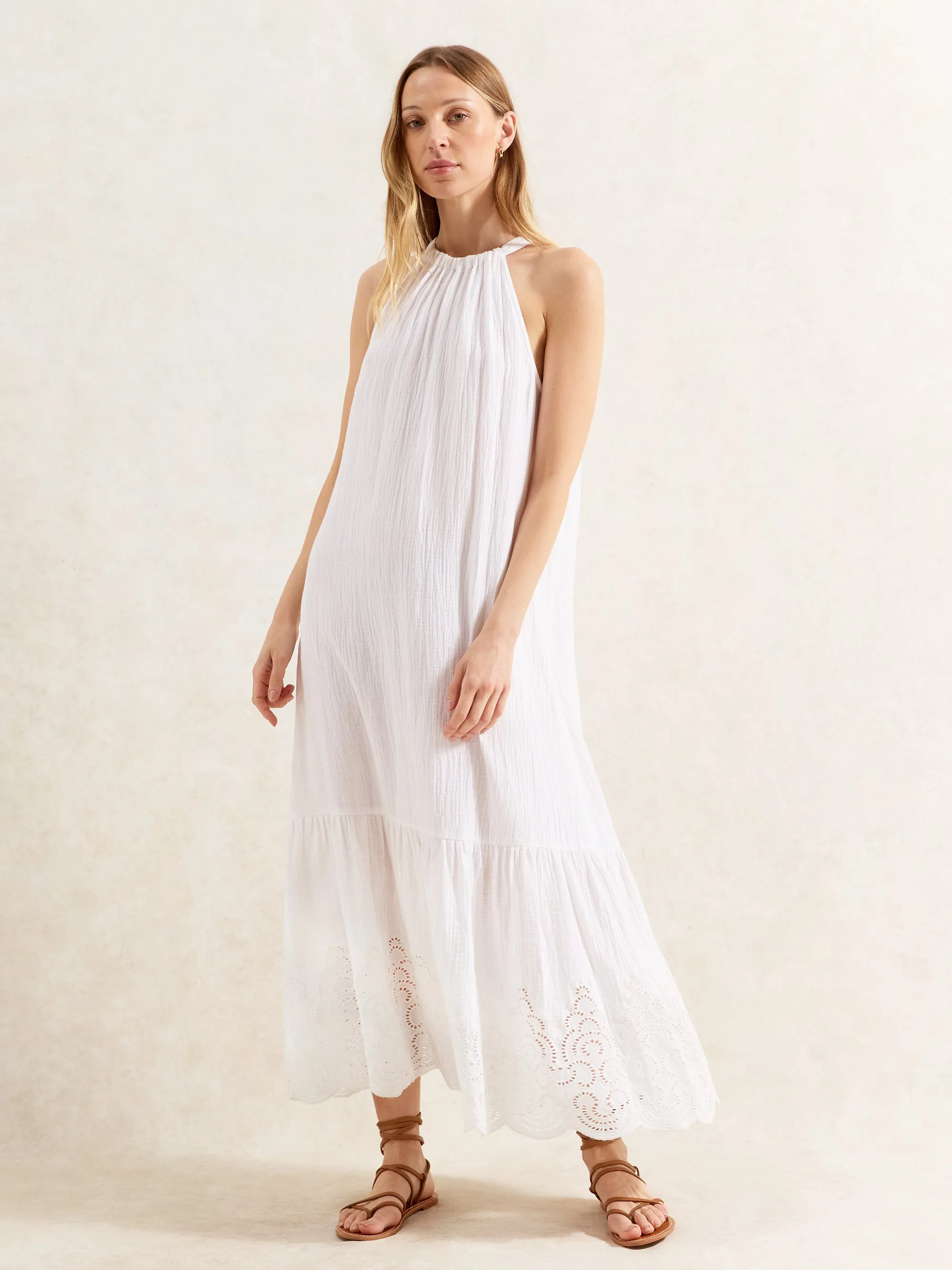 Petite White Broderie Hem Cheesecloth Maxi Dress