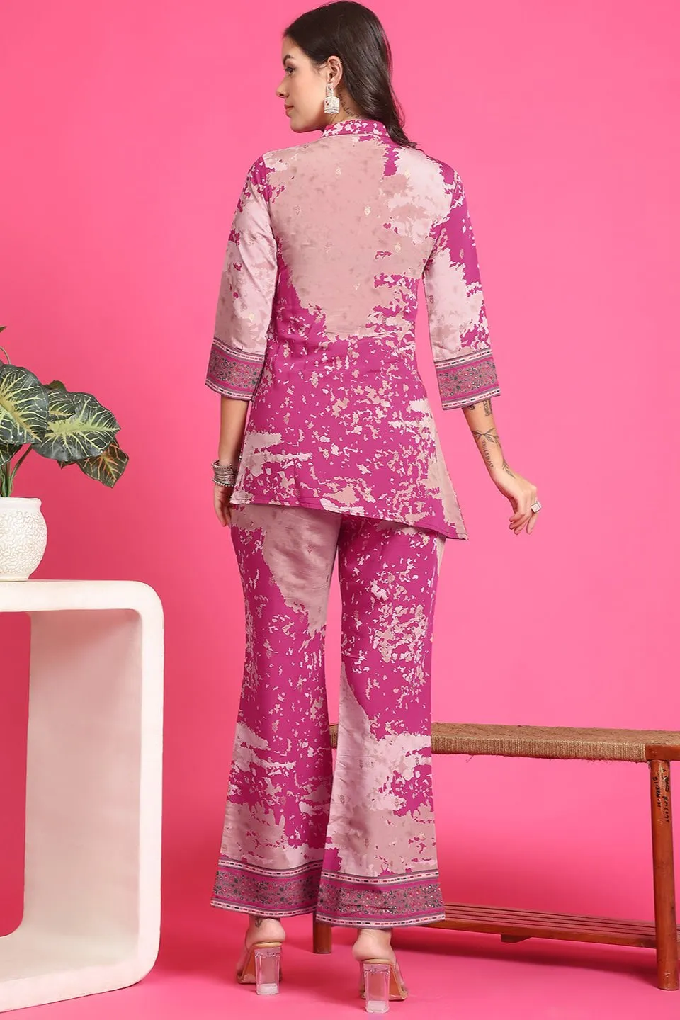 Pink Abstract Printed Chanderi Premium Co-Ord Set for Women | S-3XL | Claura