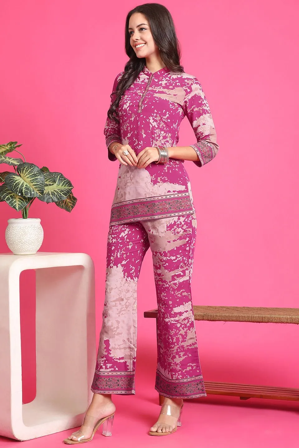 Pink Abstract Printed Chanderi Premium Co-Ord Set for Women | S-3XL | Claura