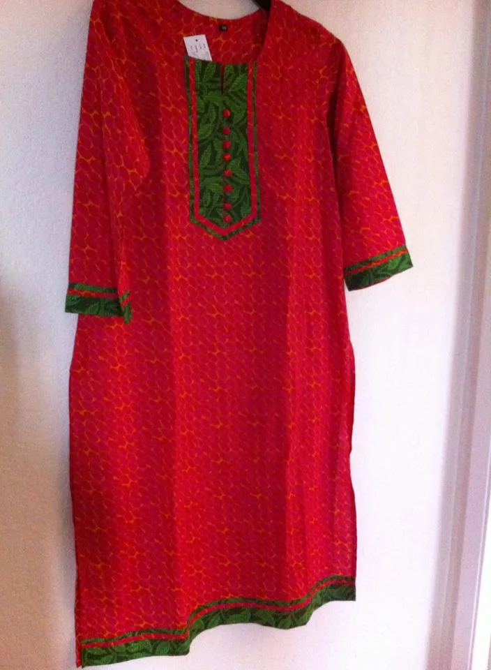Pink Cotton Long tunic with Green Yoke