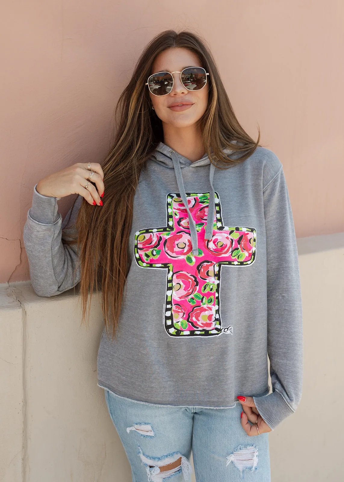Pink Floral Cross Hoodie Sweatshirt