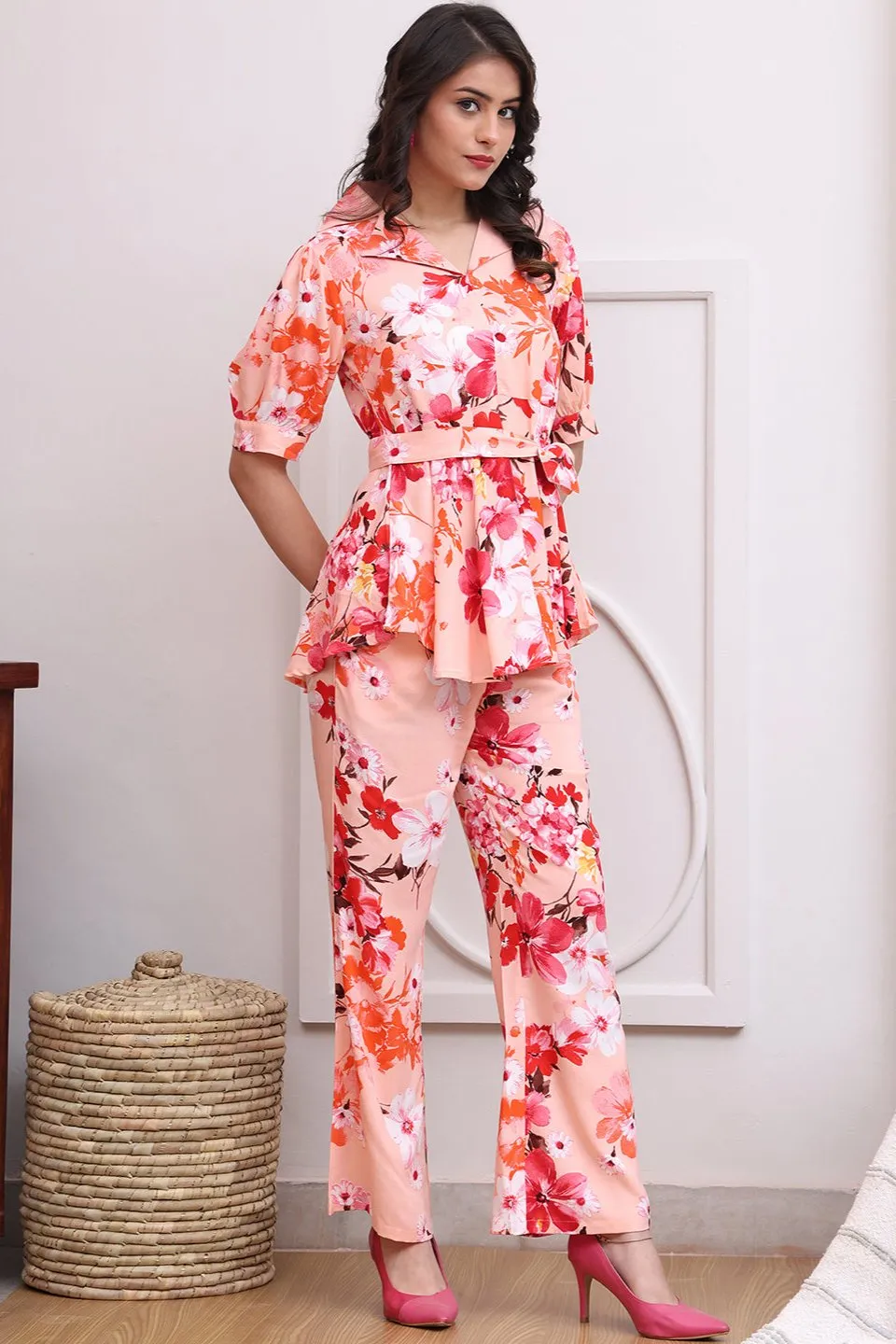 Pink Floral Printed Viscose Rayon Co-Ord Set for Women | S-XL | Claura