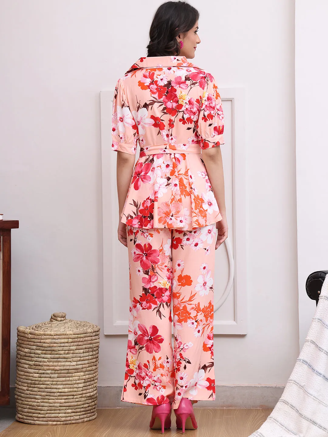 Pink Floral Printed Viscose Rayon Co-Ord Set for Women | S-XL | Claura