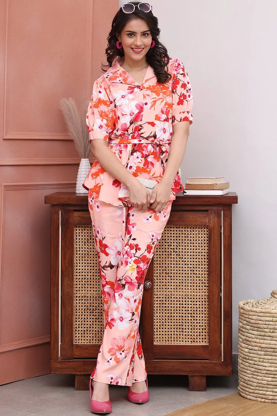 Pink Floral Printed Viscose Rayon Co-Ord Set for Women | S-XL | Claura