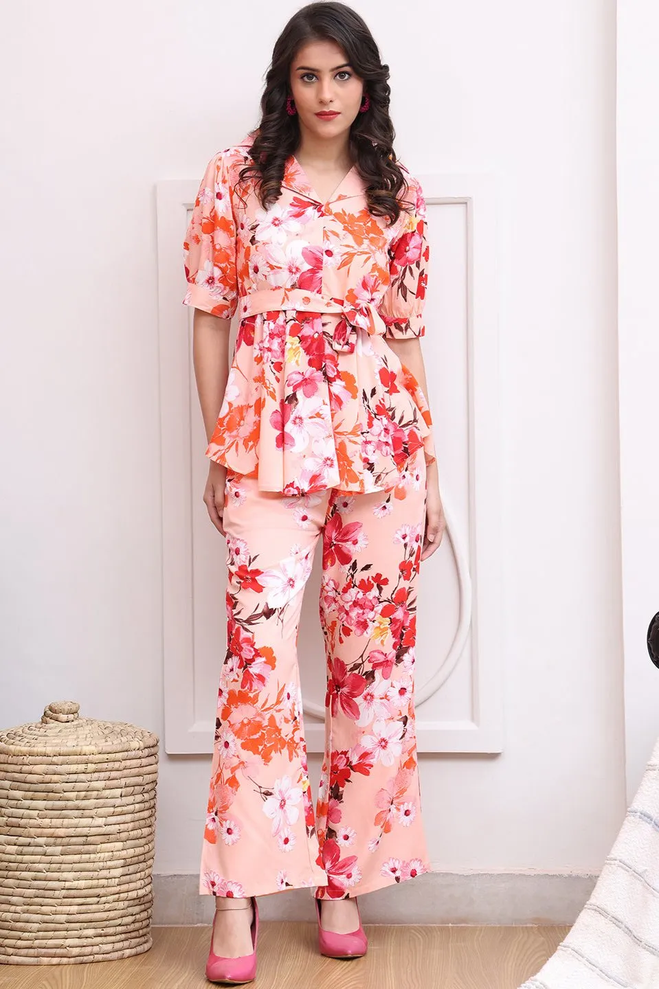 Pink Floral Printed Viscose Rayon Co-Ord Set for Women | S-XL | Claura