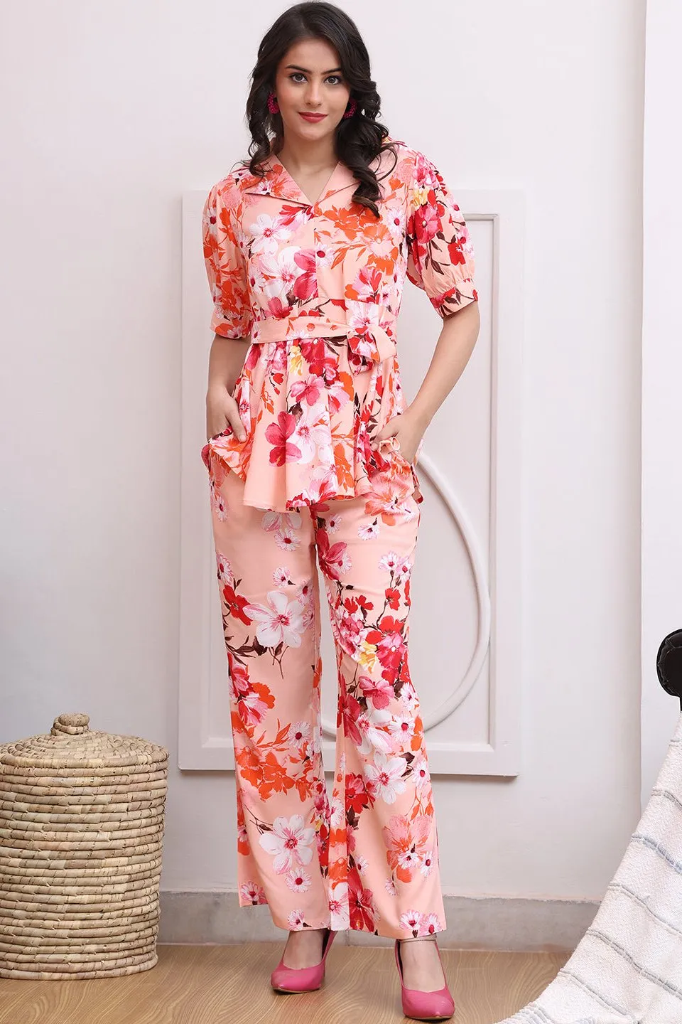Pink Floral Printed Viscose Rayon Co-Ord Set for Women | S-XL | Claura