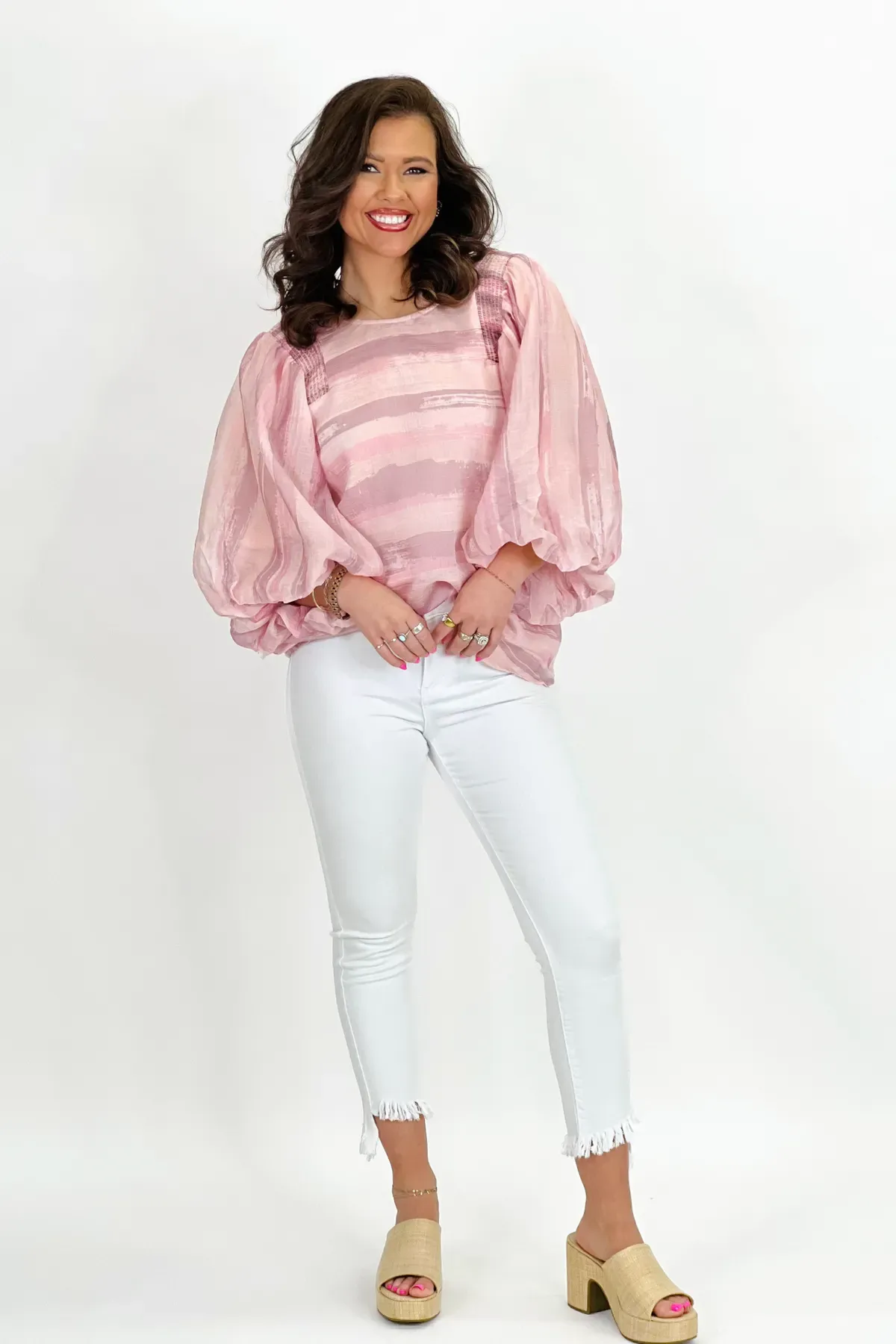 Pink Water Color Print Bubble Sleeve Top