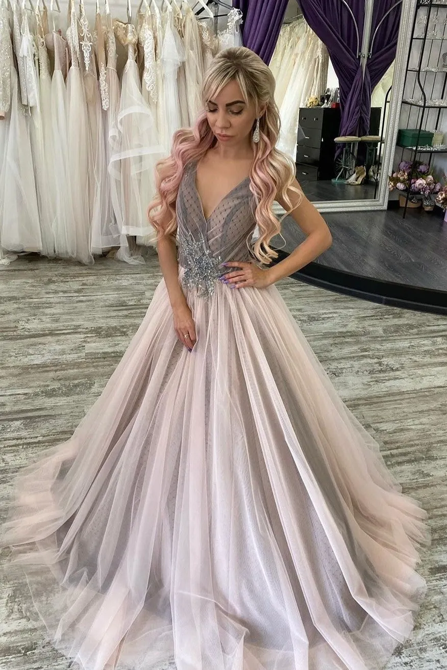 Pink&Gray Tulle V-neckline Evening Dress with Dots Beads Sash
