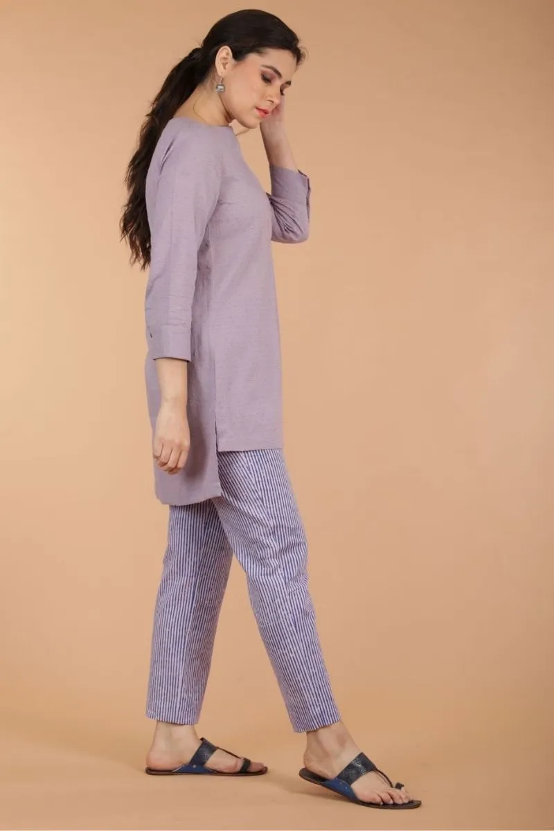 Pinstripe Cotton Pants Blue & Lilac Hand Block Print