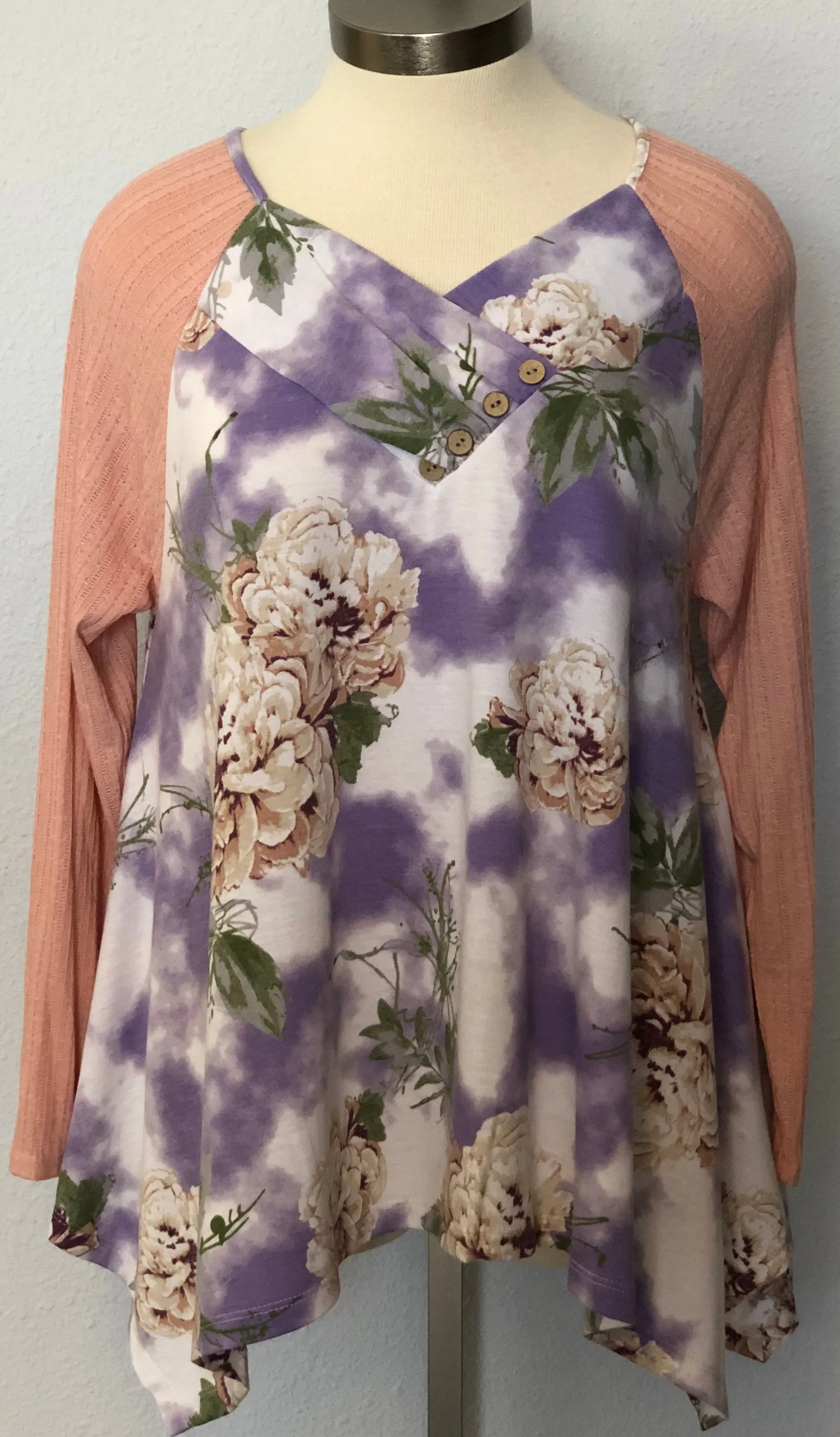 PLUS LONG SLEEVE TIE-DYE FLORAL TOP