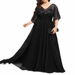 Plus Size Black Prom Dress Short Sleeve Bridesmaid Dress A-Line Evening Gown
