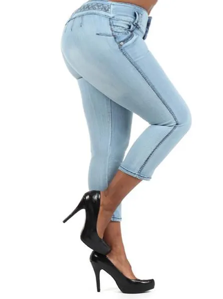 Plus Size Booty Lifter Rhinestone Capri Denim Jeans