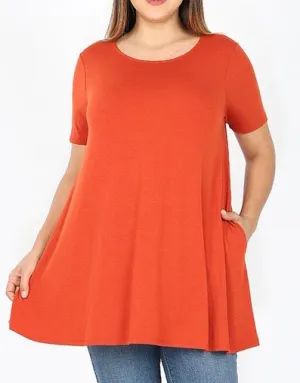 Plus Size Copper Round Neck Tunic Pocket Tops